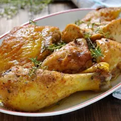 Sovracosce di pollo al forno dorate e succulente, guarnite con rametti di timo fresco. Un piatto invitante pronto per essere gustato.
