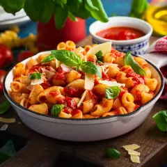 Piatto invitante di pasta con peperoni, condita con salsa rossa, basilico fresco e scaglie di parmigiano.