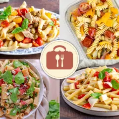 Quattro idee di pasta fredda da portare a lavoro: con tonno, verdure, rucola e pomodorini, o con mozzarella e basilico.
