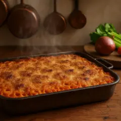 Un tegame di anelletti alla palermitana fumanti, con crosticina dorata, su un tavolo di legno. Sullo sfondo, utensili da cucina in rame e verdure fresche.