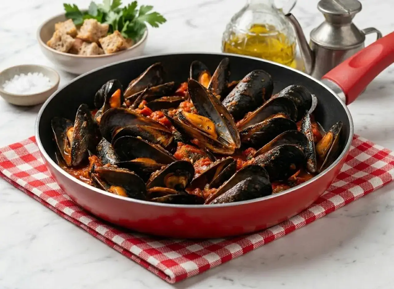 Un invitante impepata di cozze in padella, con pomodoro e spezie, pronta per essere gustata con crostini e sale grosso.