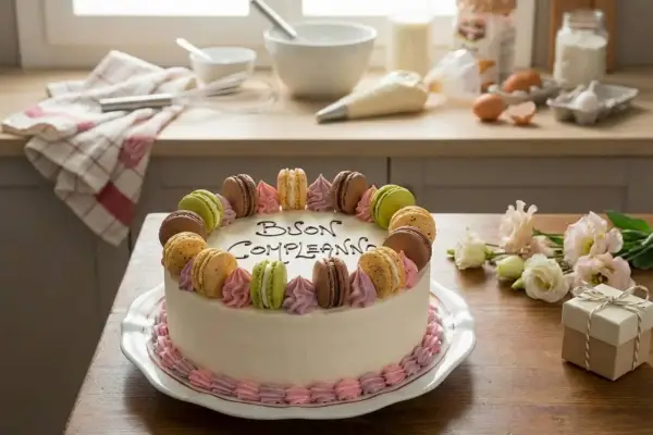 Torta di compleanno decorata con macarons colorati e scritta "Buon Compleanno". Perfetta tra le torte di compleanno semplici da fare in casa.
